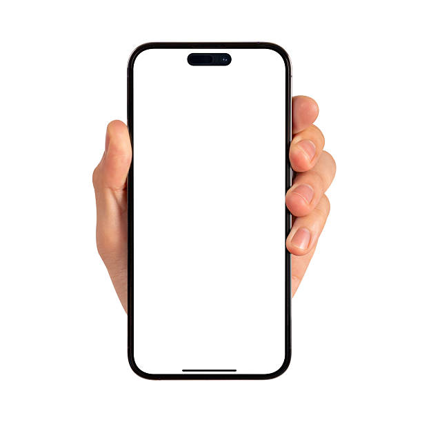 istock Close-up of hand showing modern smartphone with blank screen isolated on white background. High quality studio shot. Concept for technology, business, finance, advertising and public relations. 2219965565