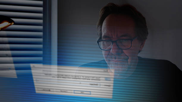 istock Senior man internet search futuristic screen. 2219966158