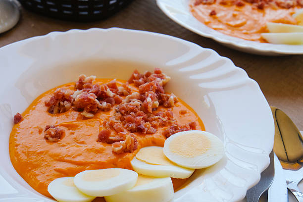 istock closeup of a white plate with spanish salmorejo 2219971148