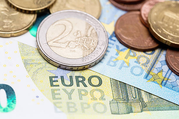 Collection of European Union coins and banknotes.