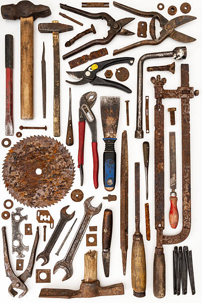 istock Flat lay of old hand tools on white background. 2219975305