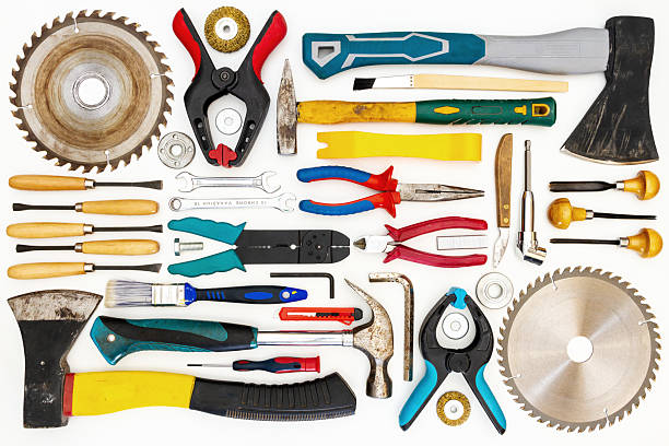 istock Flat lay of new and used hand tools on white background. 2219975883