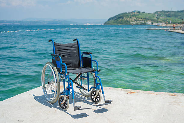 istock Empty wheelchairs, equipment for mobility accessible swimming pool and beach 2219981509