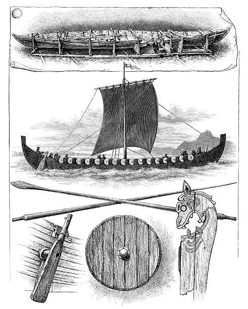 The Gokstad ship, a 9th century Viking longship excavated in 1880. The ship as it looked when it arrived in Oslo [top], recreation of how it looked in the 9th century [middle], and details of the ship (oars, rudder, figurehead, shield) [bottom]. Vintage etching circa 19th century.