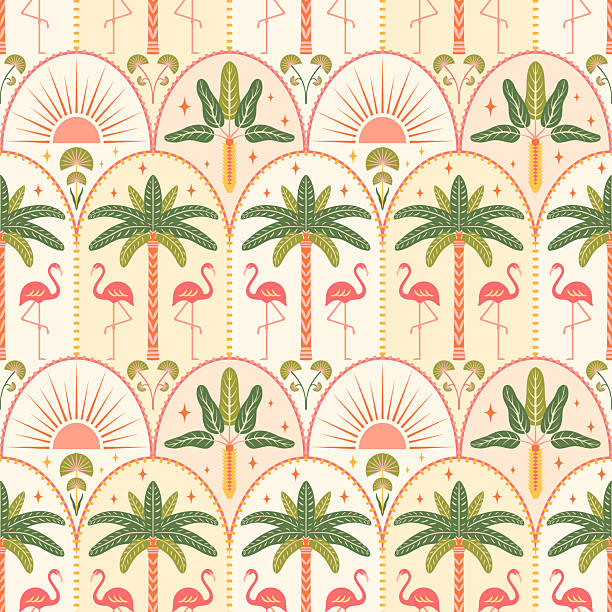 Tropical beach seamless pattern vector illustration. Flamingos, palm trees, sun in Art deco arches on a light background. Summer island vacation vibes repeat tile design in modern symmetrical style