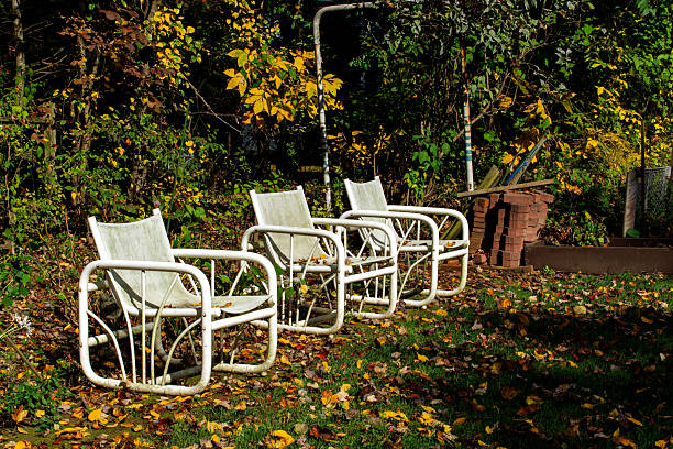 A row of white plastic chairs in a backyard during autumn.  Fall leaves on the ground.
