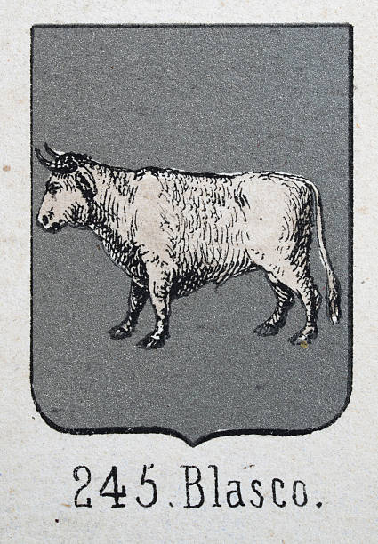 Medieval heraldry, Coat of arms, Shield with, White, Bull, Silver, Spanish, Vintage illustration