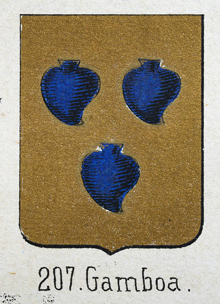 istock Medieval heraldry, Coat of arms, Shield with, Three, Blue, Hearts, Gold, Spanish, Vintage illustration 2219996631