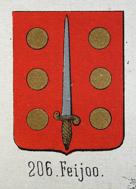 istock Medieval heraldry, Coat of arms, Shield with, Sword, Six, Gold, Dots, Red, Spanish, Vintage illustration 2219996745