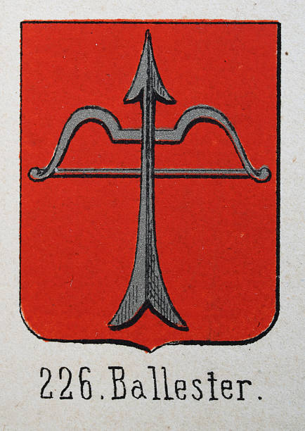 istock Medieval heraldry, Coat of arms, Shield with, Silver, Bow, Arrow, Red, Spanish, Vintage illustration 2219997026