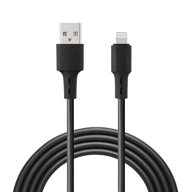 istock Black cable for charging and synchronization with USB and Lightning connectors on a white isolated background 2219999049