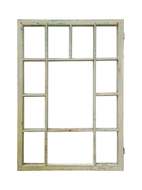 istock Vintage wooden window frame with multiple small sashes is isolated. 2220016506