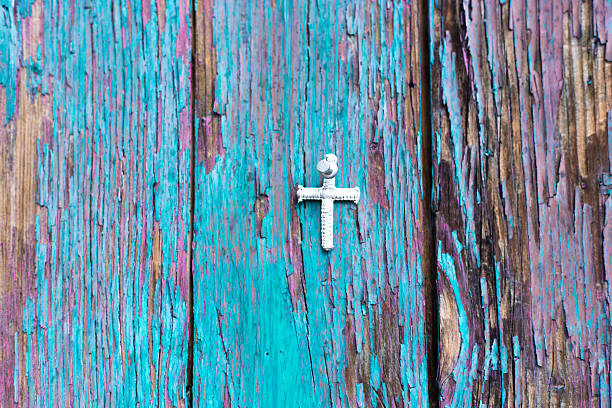 Santa Fe Style: Sunlit Weathered Turquoise Wood Door with Cross