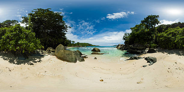 istock Crystal clear veach waters meeting white sands. Seychelles. 2220031639