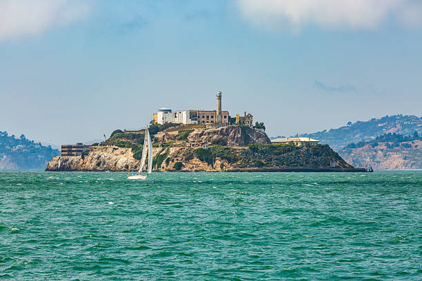 View of Alcatraz prison on the island with background view of the hills in San Francisco city, the United States