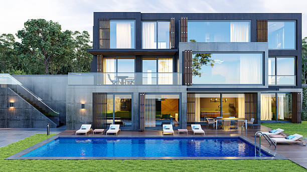 istock Luxury Villa Exterior With Swimming Pool, Lounge Chairs And Garden 2220046021