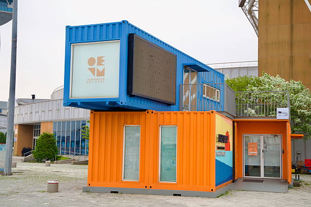 Incheon, South Korea - May 19th 2025: A vibrant container installation known as the Jeongseojin Art Cube stands beside the Gyeongin Ara Waterway, hosting small exhibitions and cultural programs in this revitalized waterfront space.