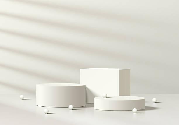 istock 3D cream cylindrical podium background with cube pedestal, Clean empty wall scene. Minimalist 3D mockup pedestal or abstract product display presentation, Stage for showcase. Platforms vector design. 2220066193
