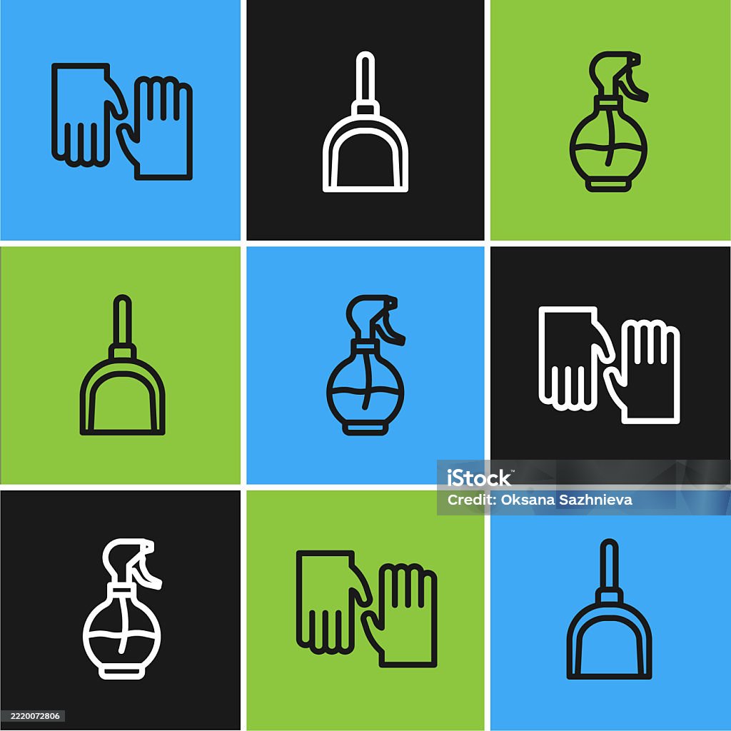 Set Line Gummihandschuhe, Wassersprühflasche und Kehrschaufel-Symbol. Vektor - Lizenzfrei Arbeiten Vektorgrafik Set Line Gummihandschuhe, Wassersprühflasche und Kehrschaufel-Symbol. Vektor - Lizenzfrei Arbeiten Vektorgrafik