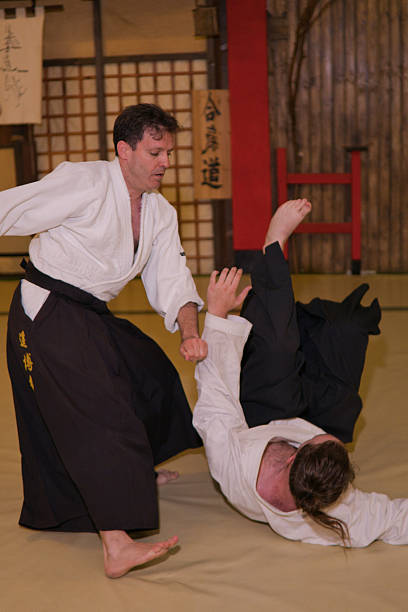 istock Aikido master performing a throw in traditional dojo 2220073159