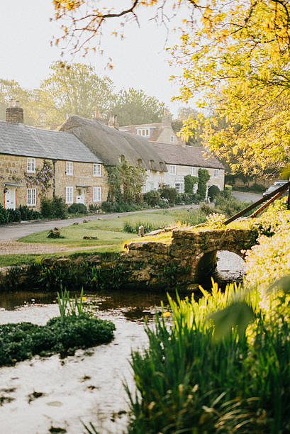 A small town with a bridge over a river and houses on both sides. The houses are old and the bridge is made of stone. The scene is peaceful and serene