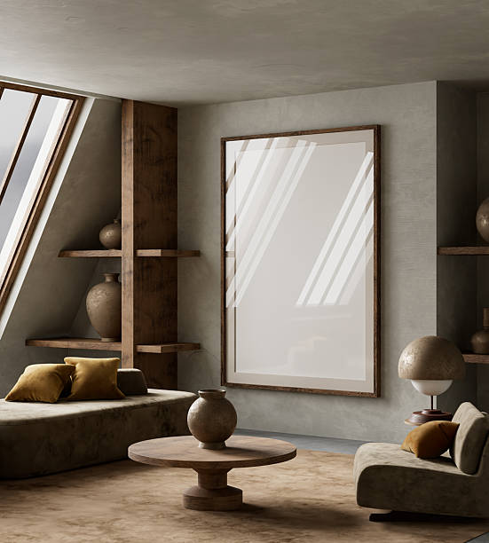 istock Earthy and textured minimalist living room design. 3D illustration 2220074637