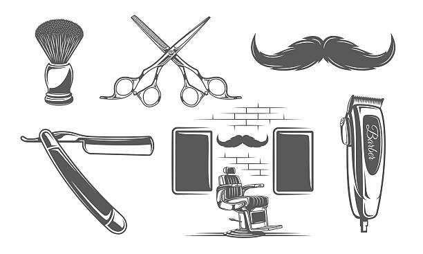 Barber shop icons pole, retro chair, shaving brush, razor and shop accessories for professional barbershop design. Vector illustration