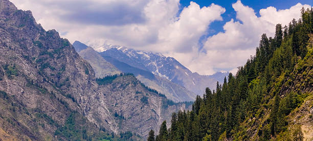 istock Snowy Himalayan Mountains and Pine Forest Ridge Under Dramatic Cloudy Sky  Aerial Scenic Landscape 2220085941