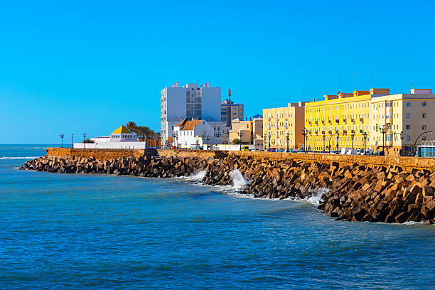 Vibrant coastal scene in Cadiz, Andalusia Spain, with waves crashing against a sturdy stone breakwater along shoreline. Colorful buildings and modern high-rise line background under blue sky