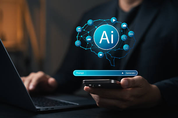 istock AI technology with prompt generation. Man using smartphone and laptop to interact with artificial intelligence interface, representing smart automation, data processing, and content creation. 2220088754