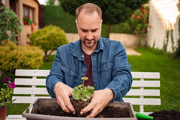 istock Man planting flowers in the garden during spring time 2220089098