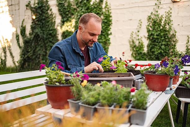 istock Man planting flowers in his garden on a white table 2220089151