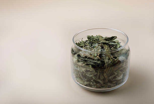 dried nettle leaves in a round glass jar on a light background, space for text