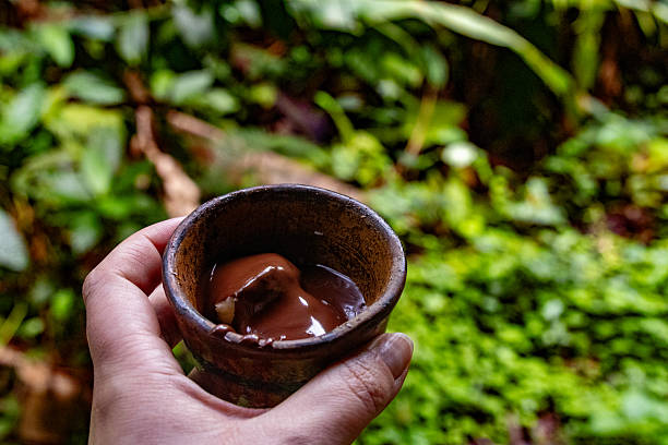 Hand Holding Traditional Cacao Drink in Rustic Cup, Costa Rica