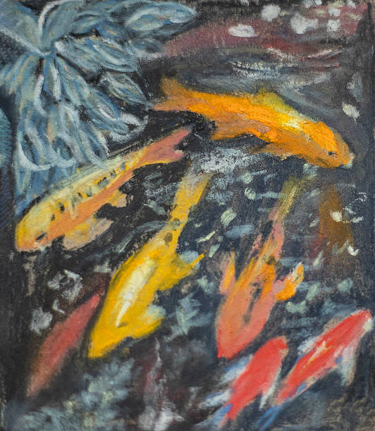 istock Pastel Drawing of Koi Fish Beneath Blue Leaves in Vibrant Dark Water 2220105072