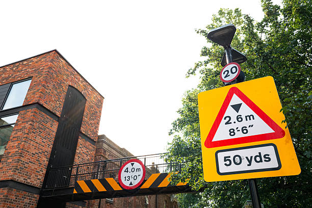 Multiple warning signs for a low pedestrian footbridge which leads to an office complex in the city of York, England. A speed limit is also in force.