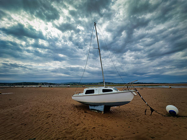 View of a moored boat at Hoylake, Wirral, UK