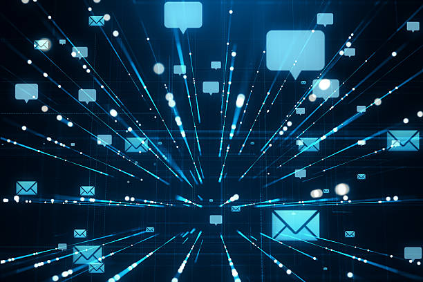 istock Abstract digital communication background with glowing email and message icons on a blue neon light grid representing online messaging and connectivity. 3D Rendering 2220122691