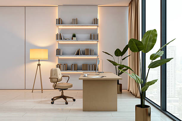 istock Modern executive office interior with elegant desk, panoramic city view, stylish lighting, and minimalist design, featuring natural elements. 3D Rendering 2220122789