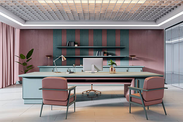 istock Modern executive office interior with pastel furniture, striped wall paneling, and clean professional layout in a corporate building workspace.. 3D Rendering 2220122814