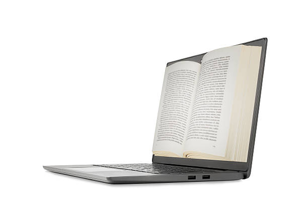 istock Open book displayed on laptop screen isolated on a white background. Stock photo. 2220123158