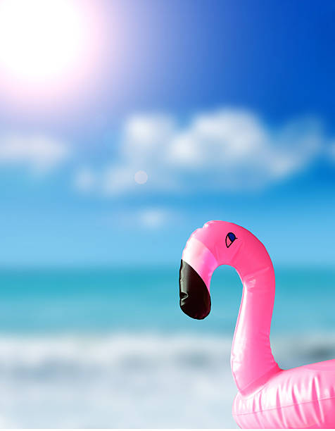 istock Pink flamingo ring on blue background, 2220124458