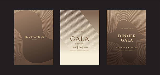 elegantes braunes galadinner-einladungsvorlagen-design-set - einladungskarte stock-grafiken, -clipart, -cartoons und -symbole