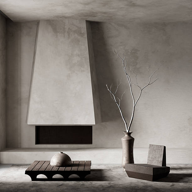 Brutalist living room with sculptural forms and earthy minimalism. 3D illustration