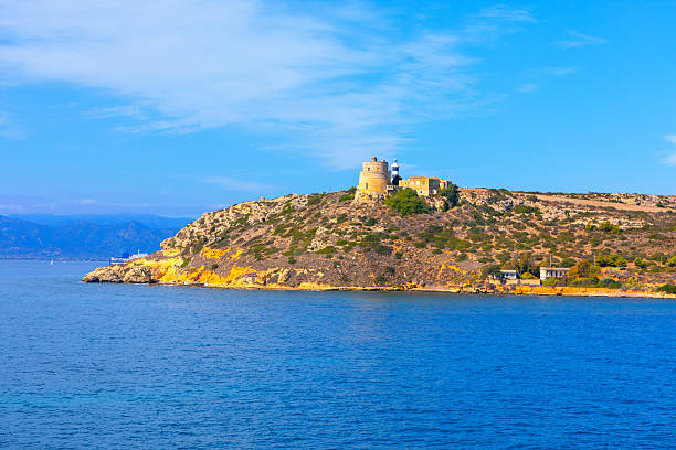 Torre di Calamosca o Dei Segnali in Sardinia, Cagliari, historic tower on rocky hill overlooking sea. Built in 1638 for defense, once signaled Castle of Cagliari against invasions, now scenic landmark