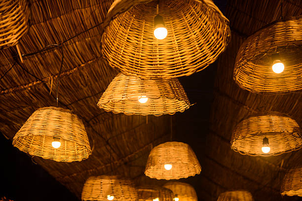 istock Straw lampshades with light bulbs as rustic decoration 2220142676