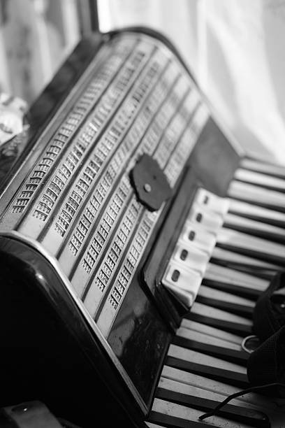 A black and white photo focusing on the piano-style keys of a vintage accordion. The image captures the intricate details and worn texture of the keys, highlighting the nostalgic charm of this classic musical instrument without the bellows visible.