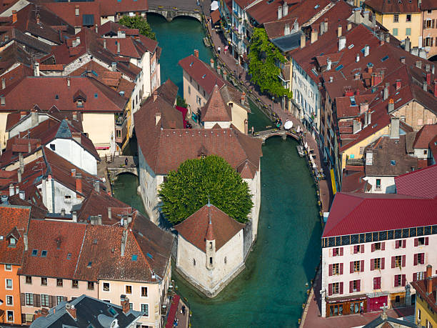 Aerial view of Annecy, France - Downtown view from above in one of the most beautiful cities in the French Alps during week of the Annecy Animation Festival