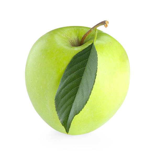 istock One fresh apple with green leaf isolated on white 2220151158
