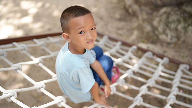 istock Young child sits on climbing net, looking curiously at camera. scene is set outdoors, with soft sunlight filtering through trees, creating warm and inviting atmosphere 2220157646
